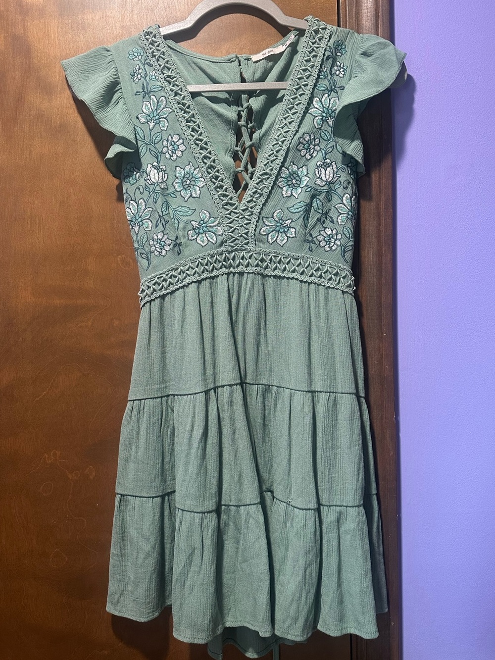 Sage and Mint Green Embroidered V-Neck Mini Dress